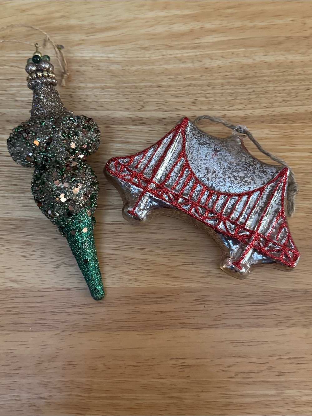 Pottery Barn Mercury Glass Golden Gate Bridge & Green Beaded Finial Ornament